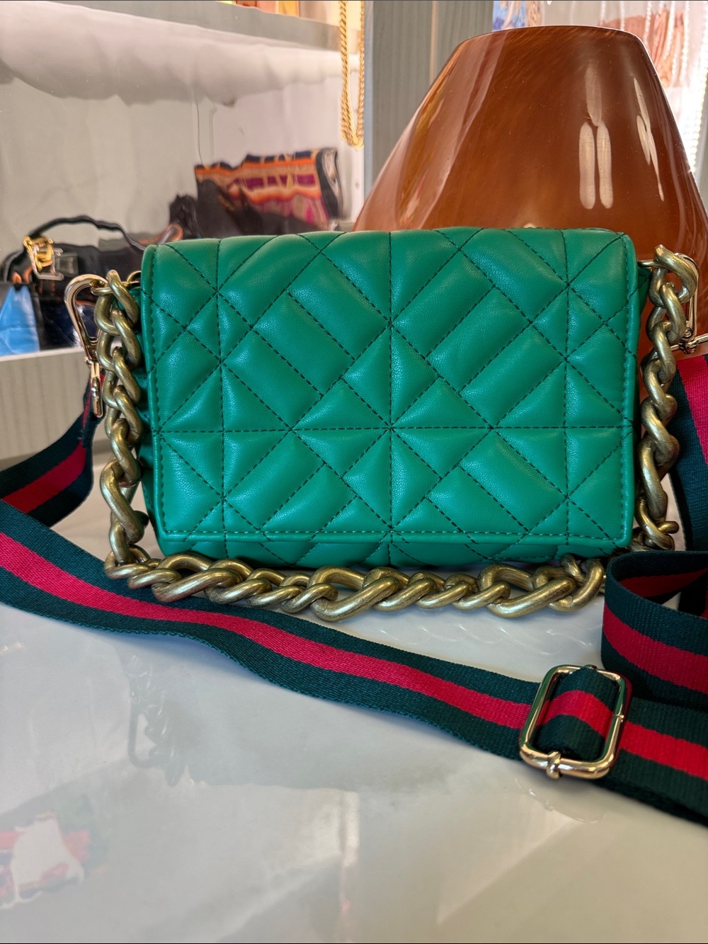 Zara Green Quilted Shoulder Bag with Chain and Canvas Strap
